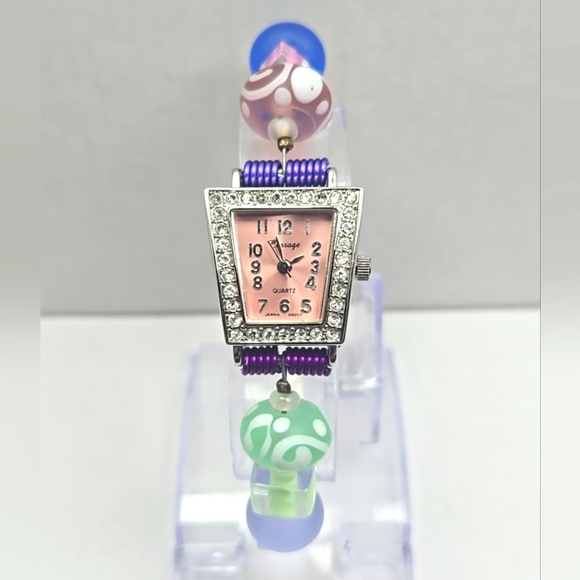 Womens Unique Corsage Watch Silver Tone Pink Colorful Glass Beads New Battery - Picture 1 of 9